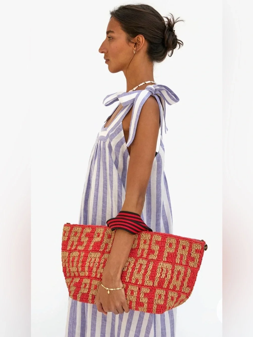Clare V Bateau Tote - Natural & Bright Poppy Raffia Pas Mal